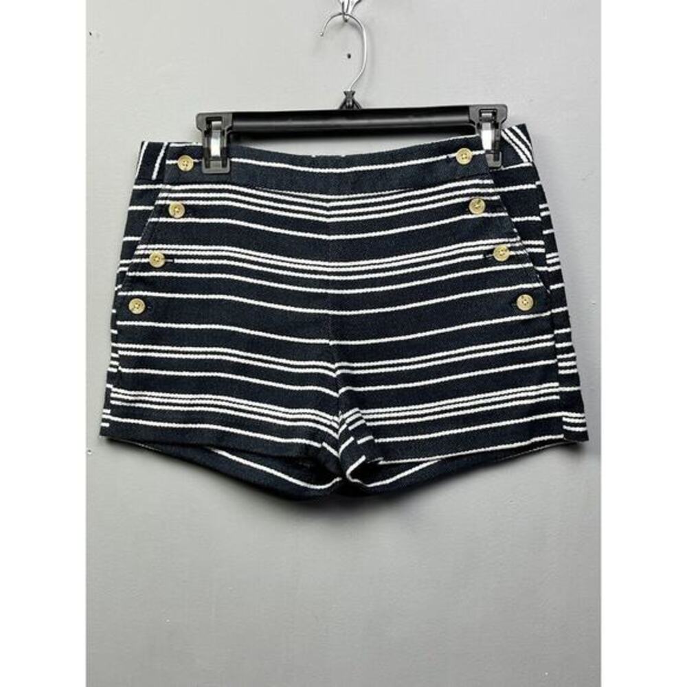 Banana Republic Shorts Womens Size 2‎ Blue Striped Flat Front Chino Gold Buttons